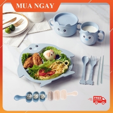 (Tặng Kèm Thìa Và Dĩa ) Bộ Khay Ăn Dặm Lúa Mạch Cho Bé Chia Ngăn Chim Cánh Cụt KIDOTA