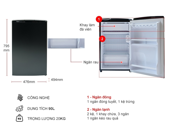 [GIAO HCM] [Trả góp 0%] Tủ lạnh Aqua 90 lít AQR-D99FA(BS) - Công nghệ Inverter Chất liệu khay ngăn lạnh:...