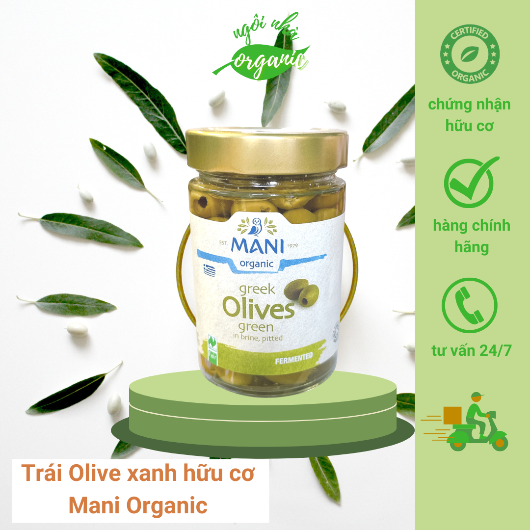 Trái Olive (oliu) xanh hữu cơ – ngâm nước muối – đã tách hạt – 280g Organic Green Olives in Brine, Pitted Mani