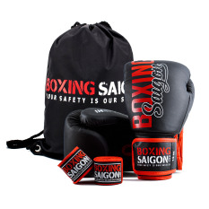 Combo Găng Tay Boxing Saigon + Băng Tay 4m5 (tặng túi rút) – Đen đỏ