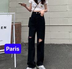 Quần jean ống suông rộng màu xanh đen rách cơ bản cạp lưng cao nâng mông phong cách sành điệu – Paris Fashion