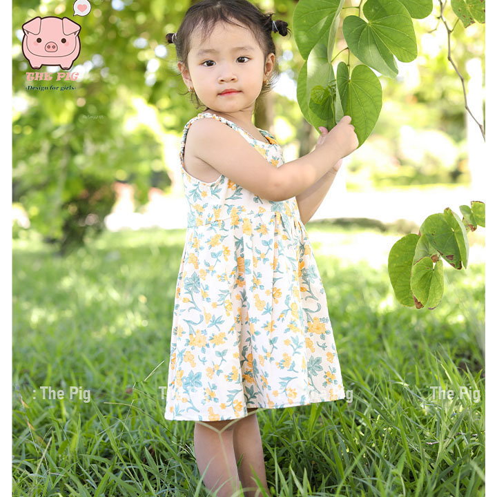 Váy bé gái The Pig, Đầm cho bé gái 1 tuổi đến 8 tuổi, họa tiết hoa nhí vàng, chất...