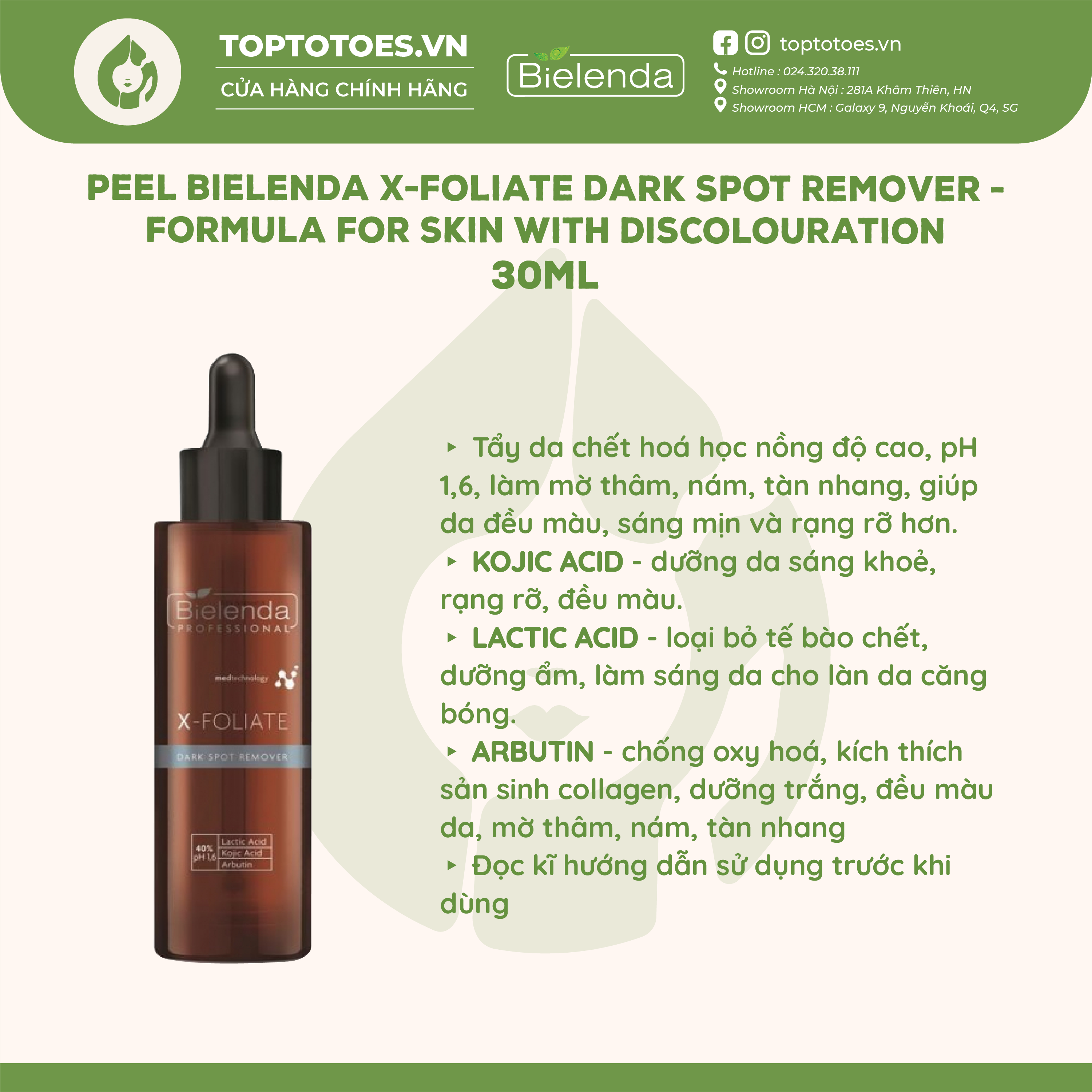 Tẩy da chết hoá học làm sáng da, mờ thâm Peel Bielenda Professional X – FOLIATE Dark Spot Remover 30ml