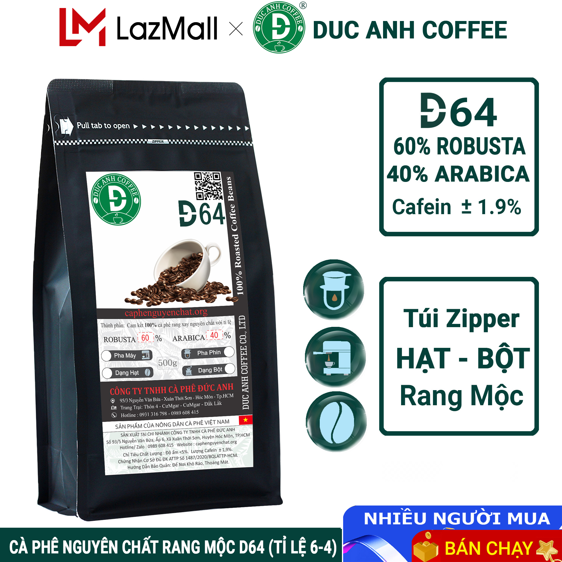 Cà Phê Rang Mộc D64 DUC ANH COFFEE (60% Robusta+40% Arabica) Nguyên Chất dùng Pha Phin, Pha Máy Tùy Chọn,...
