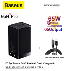 [ Free dây C to C 100W ] Củ sạc Nhanh BASEUS GaN3 Pro 65W USB C PD 3.0 Sạc nhanh QC 4.0 Type C Bộ sạc nhanh đa năng cho iPhone 12 Samsung Macbook Pro , 3 cổng ( 2type-c + 1 usb)