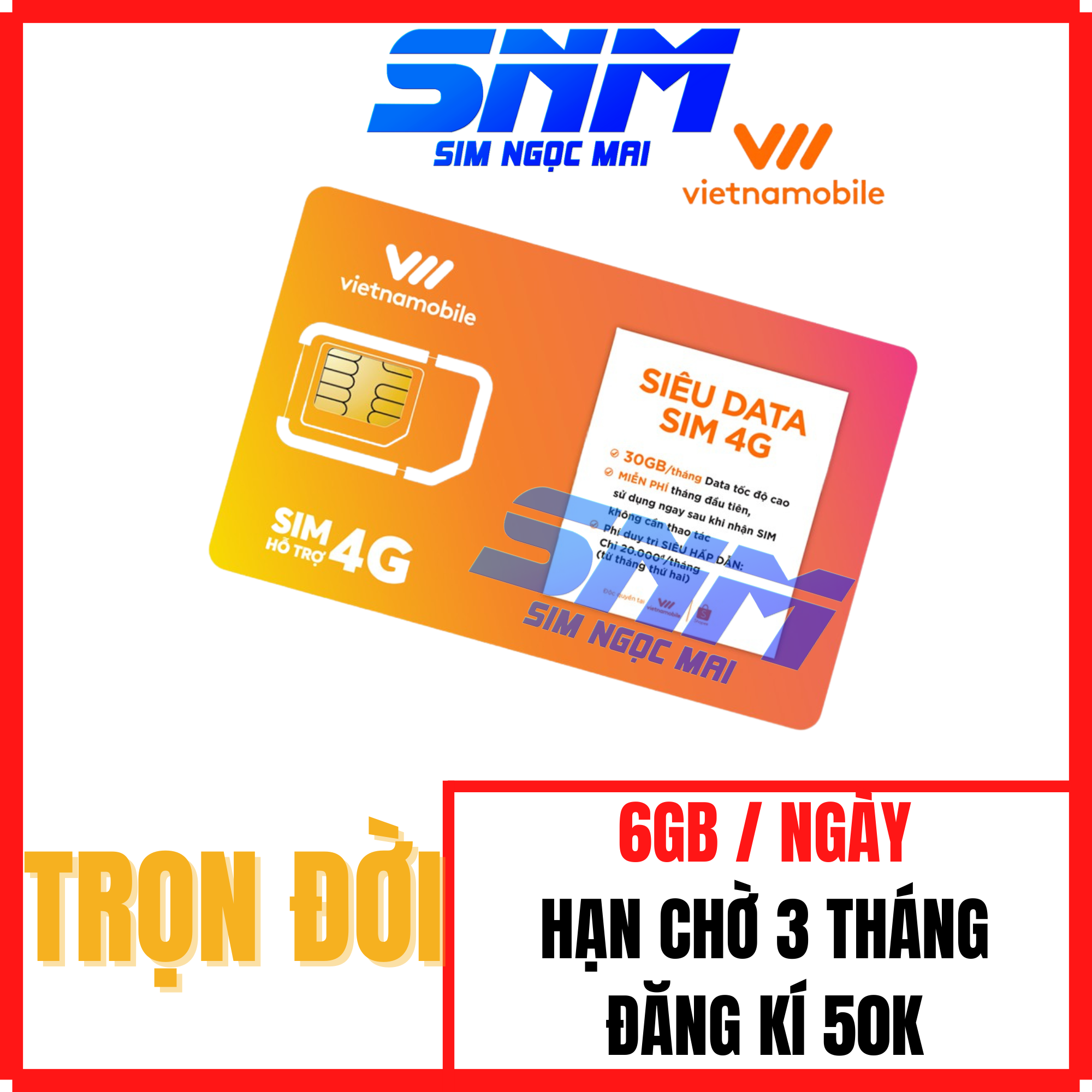Sim 4G Vietnamobile SP6G - Trọn đời - Cám ơn - Phát Lộc - CHẤT - 6Gb/Ngày - 180gb Data...