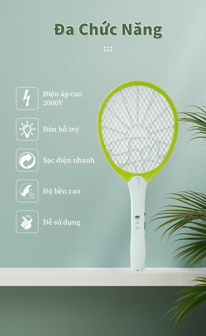 Vợt bắt muỗi TSUKI, vợt muỗi đa năng, vớt chống muỗi, đèn LED chiếu sáng, sạc điện nhanh, bảo hành...