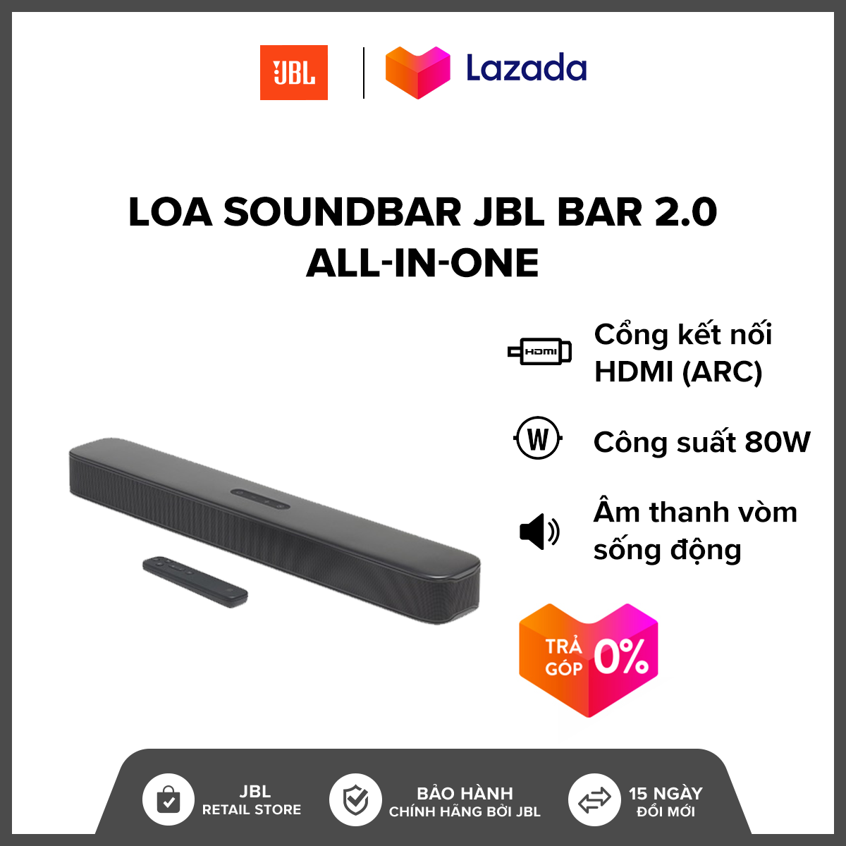 [TRẢ GÓP 0%] Loa Soundbar JBL Bar 2.0 All-in-one l Công suất: 80W l