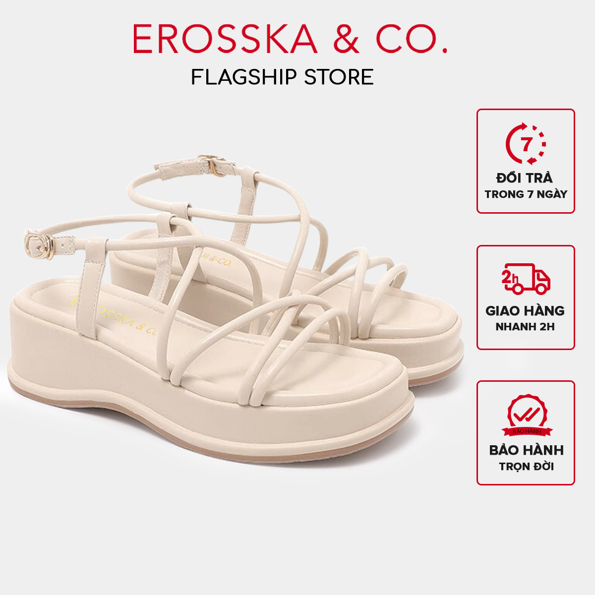 Erosska - Giày sandal nữ đế xuồng phối dây quai mảnh thiết kế basic cao 5cm màu nude - SB014