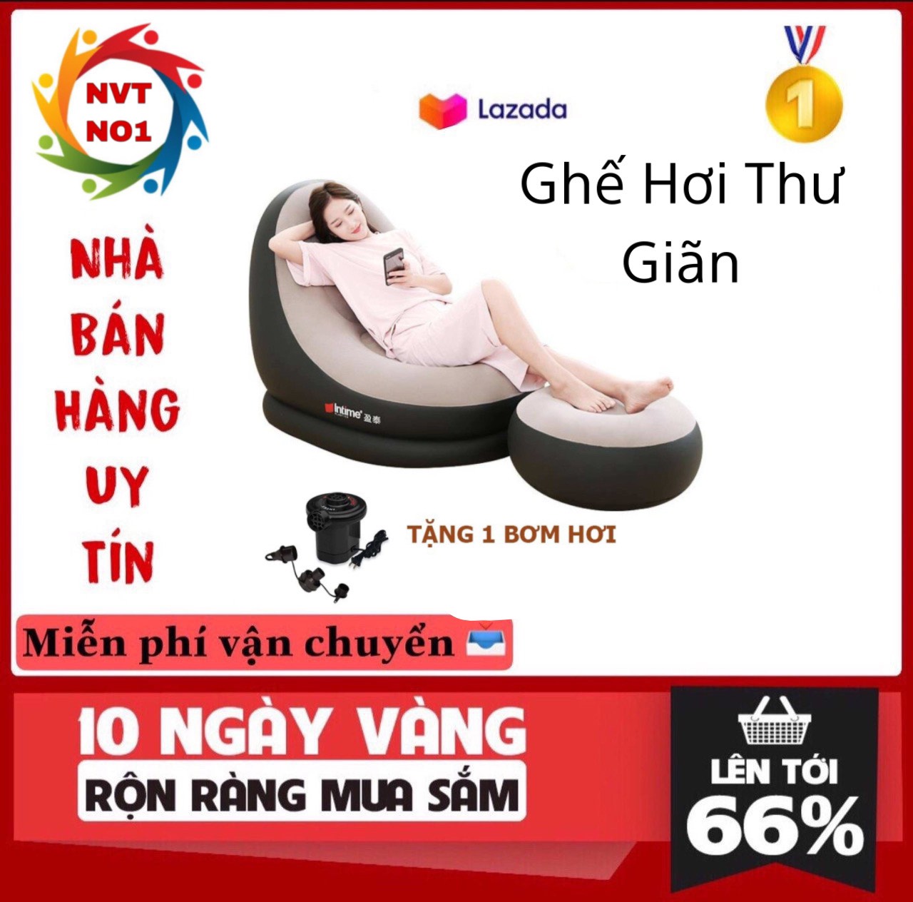 ( GIÁ TỐT ) Ghế Nệm Hơi Tựa Lưng Intime 2 Chi Tiết Chống Mỏi Cổ Và Mỏi Lưng Cao...