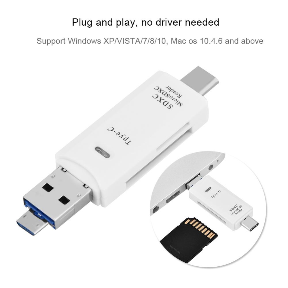 3 trong 1 USB 3.1 Loại C + USB + Cổng Micro USB OTG/TF/Micro SD/SD đầu Đọc Thẻ nhớ-Màu Trắng-intl