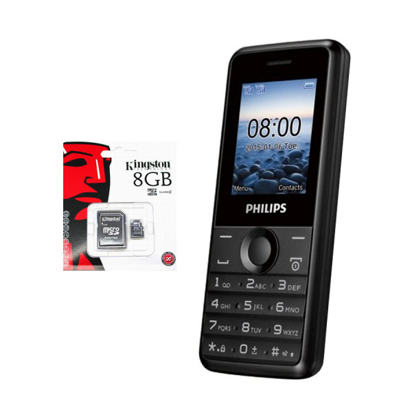 Bộ 1 ĐTDĐ Philips E103 4MB 2 Sim (Đen) - Hãng phân phối chính thức + 1 Thẻ nhớ MicroSD 8GB Class 4
