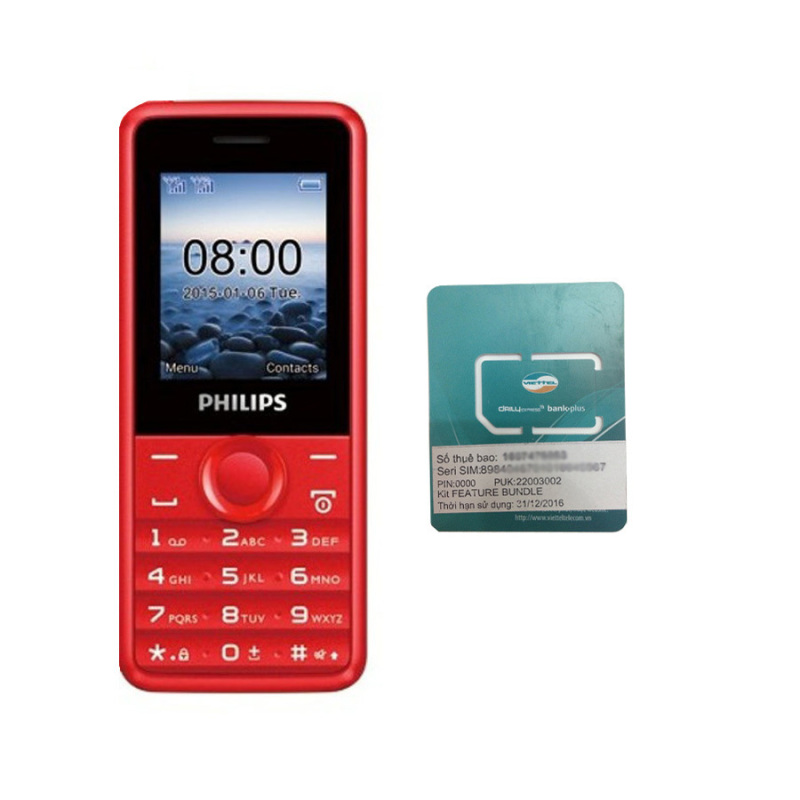 Bộ 1 ĐTDĐ Philips E103 4MB 2 Sim (Đỏ) - Hãng phân phối chính thức + 1 Sim Viettel