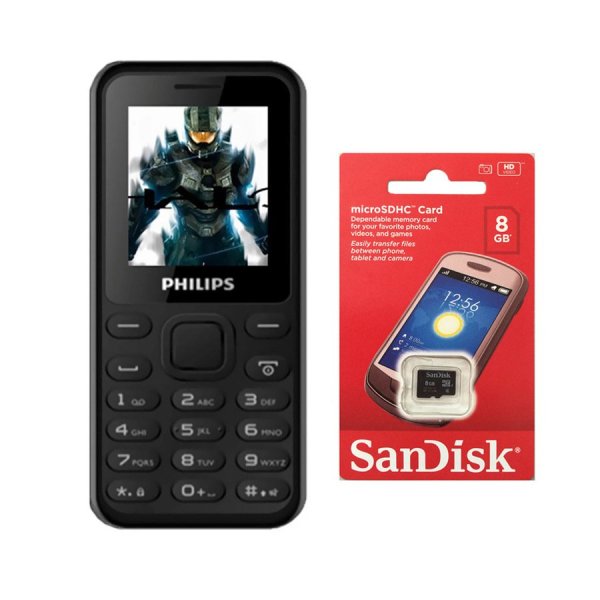Bộ 1 ĐTDĐ Philips E105 1.77inch 2 Sim (Đen) - Hãng phân phối chính thức + Thẻ nhớ MicroSD 8GB Class 4