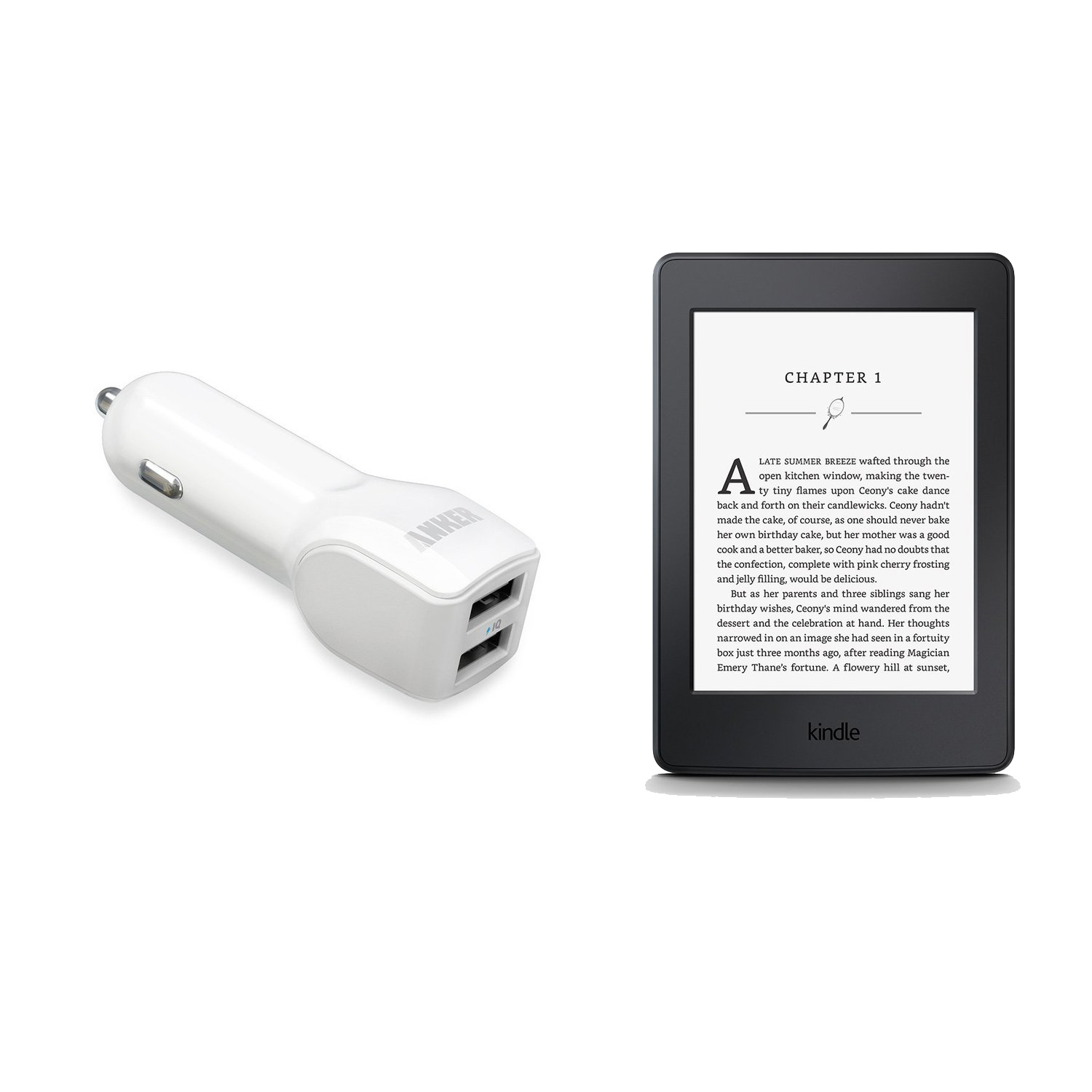 Bộ máy đọc sách Kindle paper AMAZON 2015 (Đen) và Sạc ô tô 2 cổng USB Anker 24W (Trắng) -...