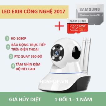 Camera wifi giám sát trong nhà Siêu nét Full HD 1920x1080p Mới nhất 2017 - Kèm thẻ Samsung EVO 32G...