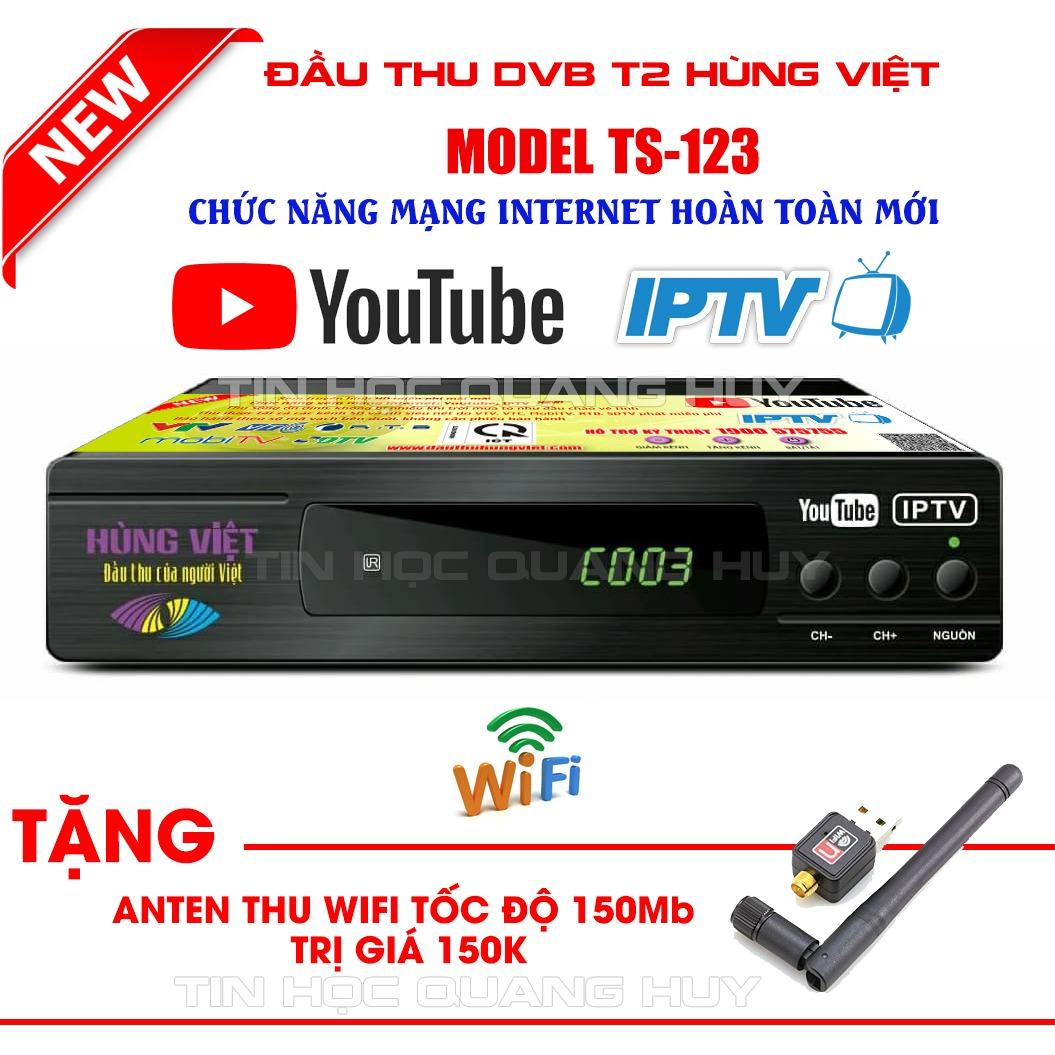 Đầu thu DVB T2 Hùng Việt TS 123 xem Youtube, IPTV phiên bản 2018 tặng anten wifi