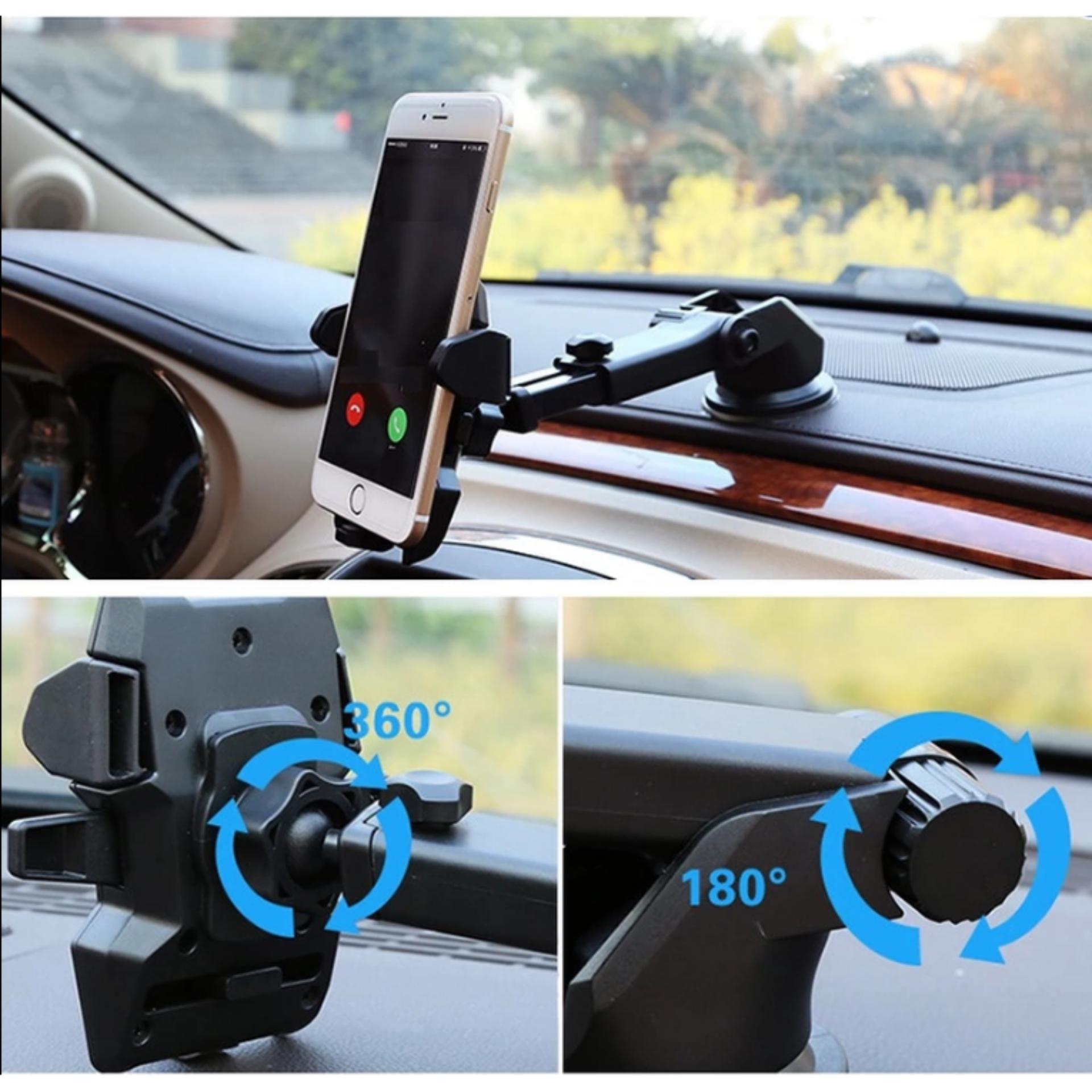 Giá đỡ kẹp điện thoại trên xe hơi, ô tô kéo dài, thu hẹp xoay 360 độ (Đen)