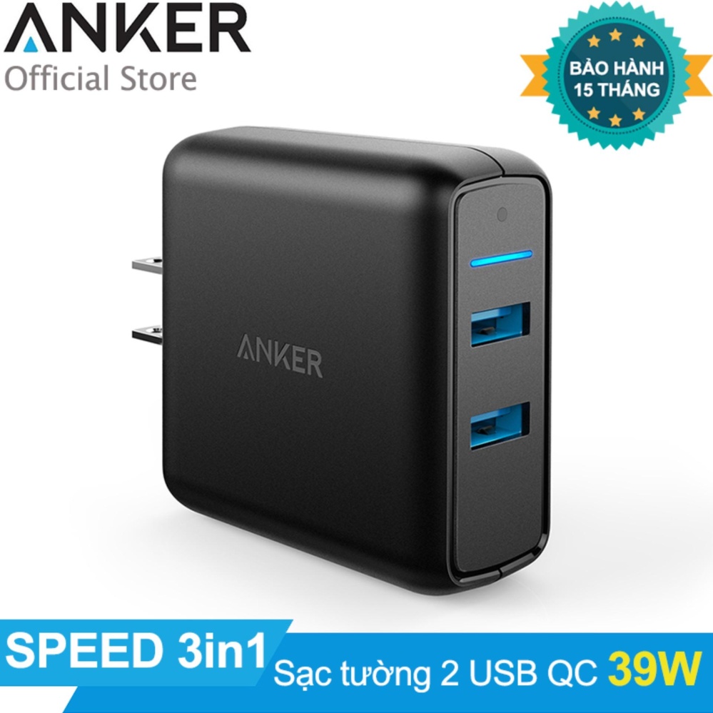 Sạc ANKER PowerPort Speed 2 cổng 39w Quick Charge 3.0 (Đen) – Hãng Phân Phối Chính Thức
