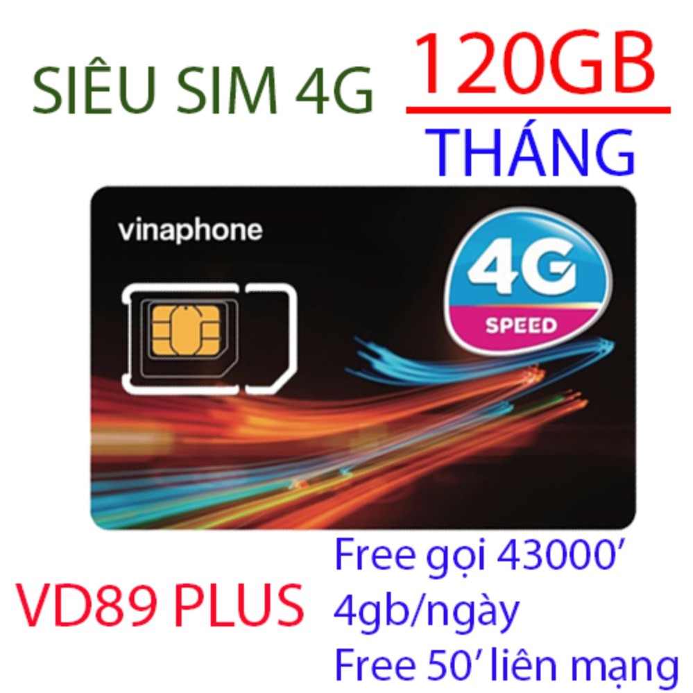 Sim 4g vinaphone vd89 plus tặng 120gb/tháng goi free 43000', 50' liên mạng