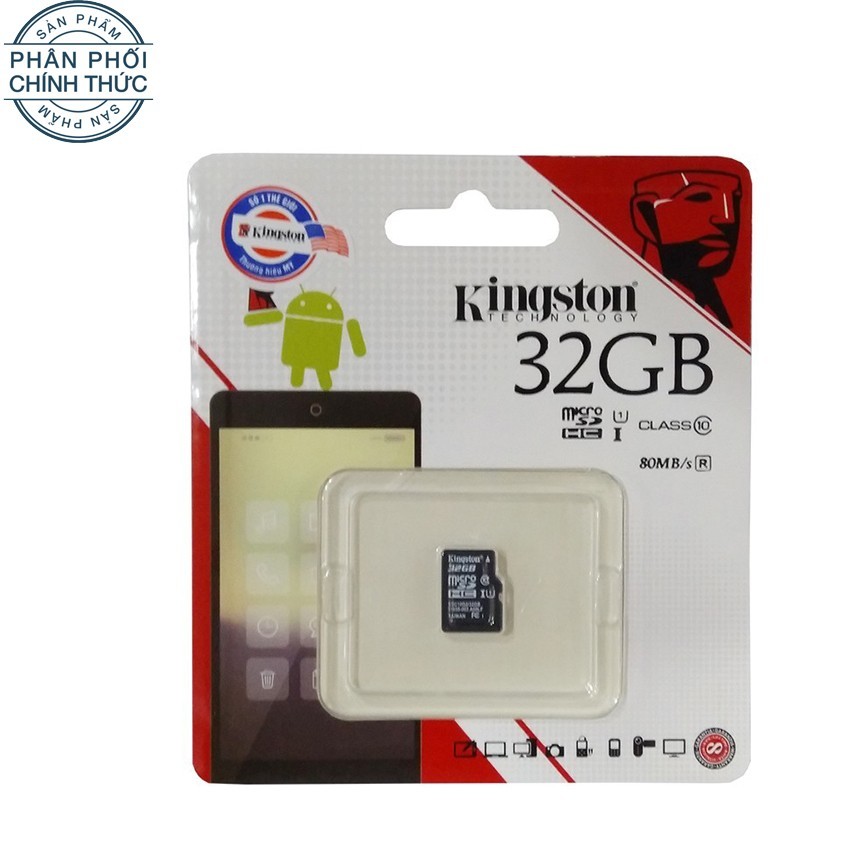 Thẻ nhớ Micro SDHC Kingston Class 10 UHS-I 80MB/s 32GB (Đen) - Hãng phân phối chính thức