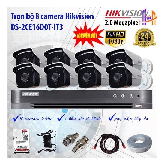 Trọn bộ 8 camera Hikvision DS-2CE16D0T-IT3 và DS-7208HUHI-K1