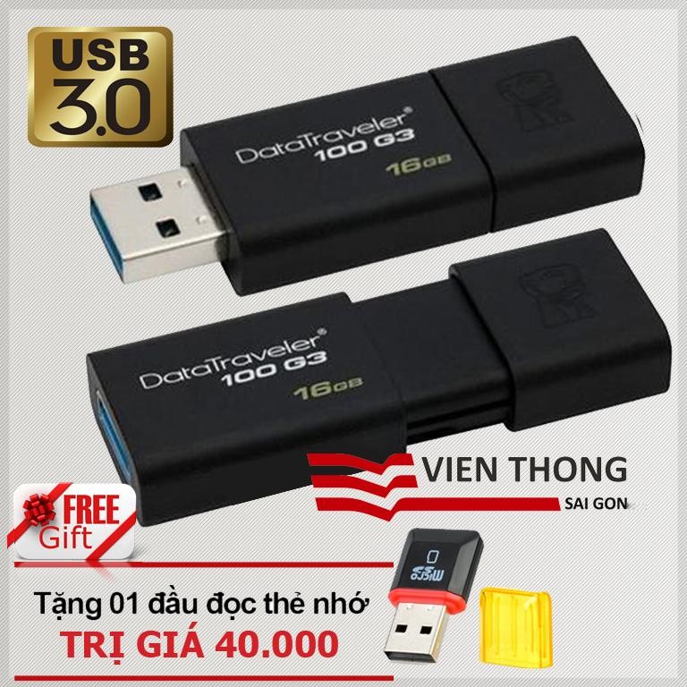 USB 3.0 16GB Kingston DataTraveler 100 G3 (Đen) – Hãng Phân phối chính thức + Tặng đầu đọc thẻ nhớ...