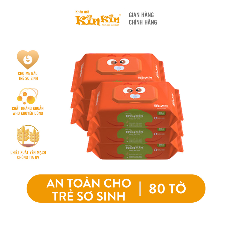 Combo 6 Khăn ướt vệ sinh Kin Kin 80 tờ/gói Mùi trà xanh/Không mùi an toàn cho bé