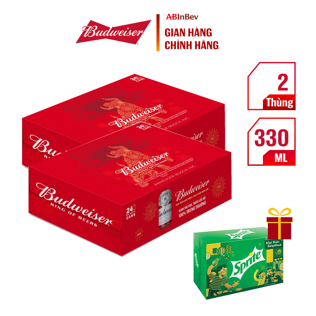 Tặng 1 thùng 24 lon Sprite - Combo 2 thùng bia Tết Budweiser (330ml/lon)