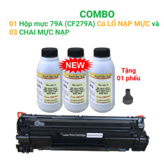 COMBO 01 Hộp mực 79A (CF279A) CÓ LỔ NẠP MỰC và 03 CHAI MỰC NẠP cho máy HP Pro M12a/ M12w/ M26a/ M26nw/ 01 HỘP MỰC/ 03 CHAI MỰC NẠP GM76