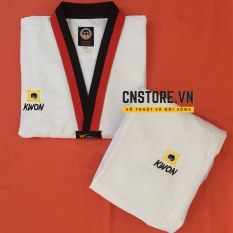 Quần Áo Võ – Võ Phục Taekwondo Cổ Đỏ Đen Vải Sọc Kwon Dày Dặn Bền Chắc