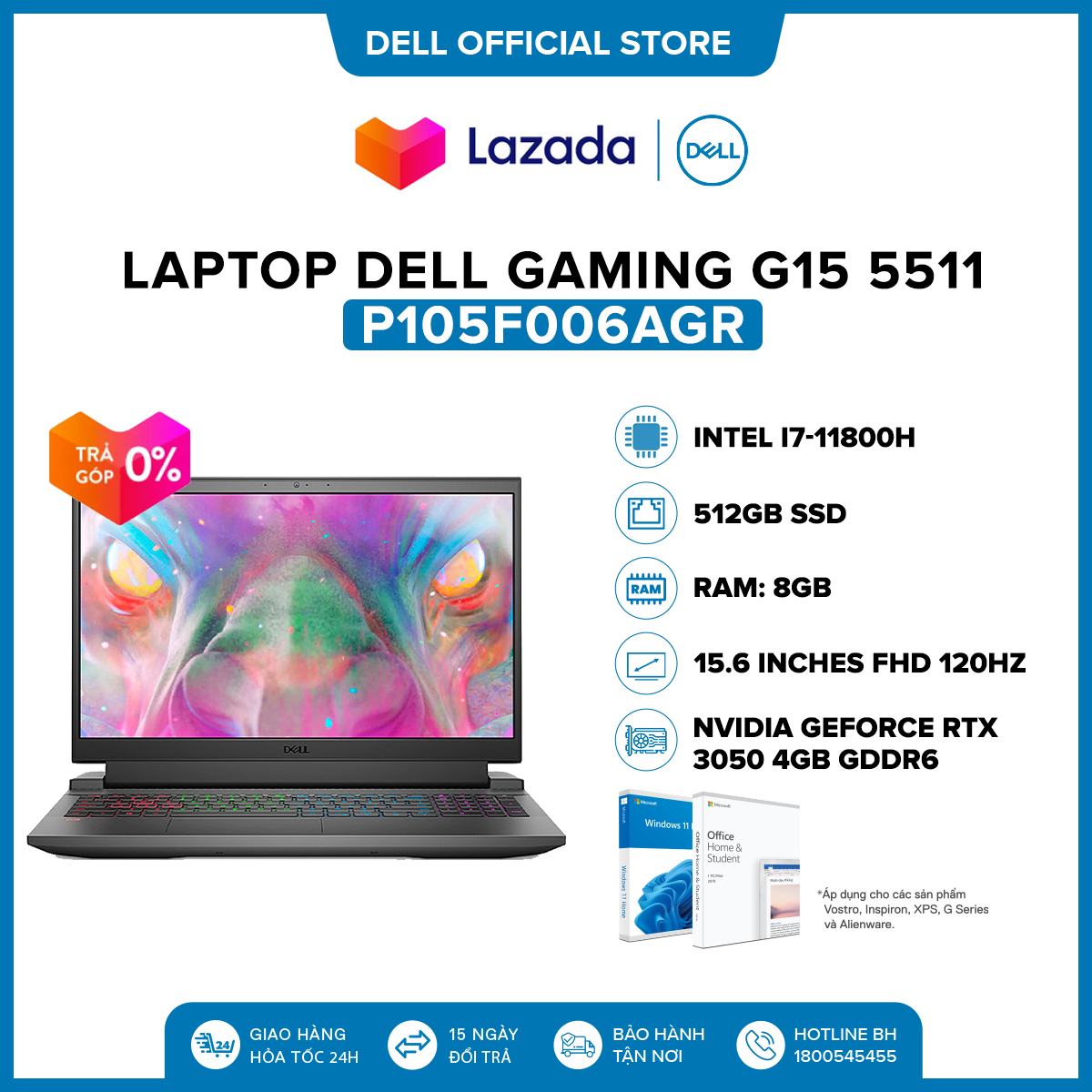 [VOUCHER 1 TRIỆU] Laptop Dell Gaming G15 5511 15.6 inches FHD (Intel / i7-11800H / 8GB / 512GB SSD / NVIDIA GeForce RTX 3050 4GB GDDR6 / Office Home & Student 2021 / Windows 11) l Dark Shadow Grey l P105F006AGR