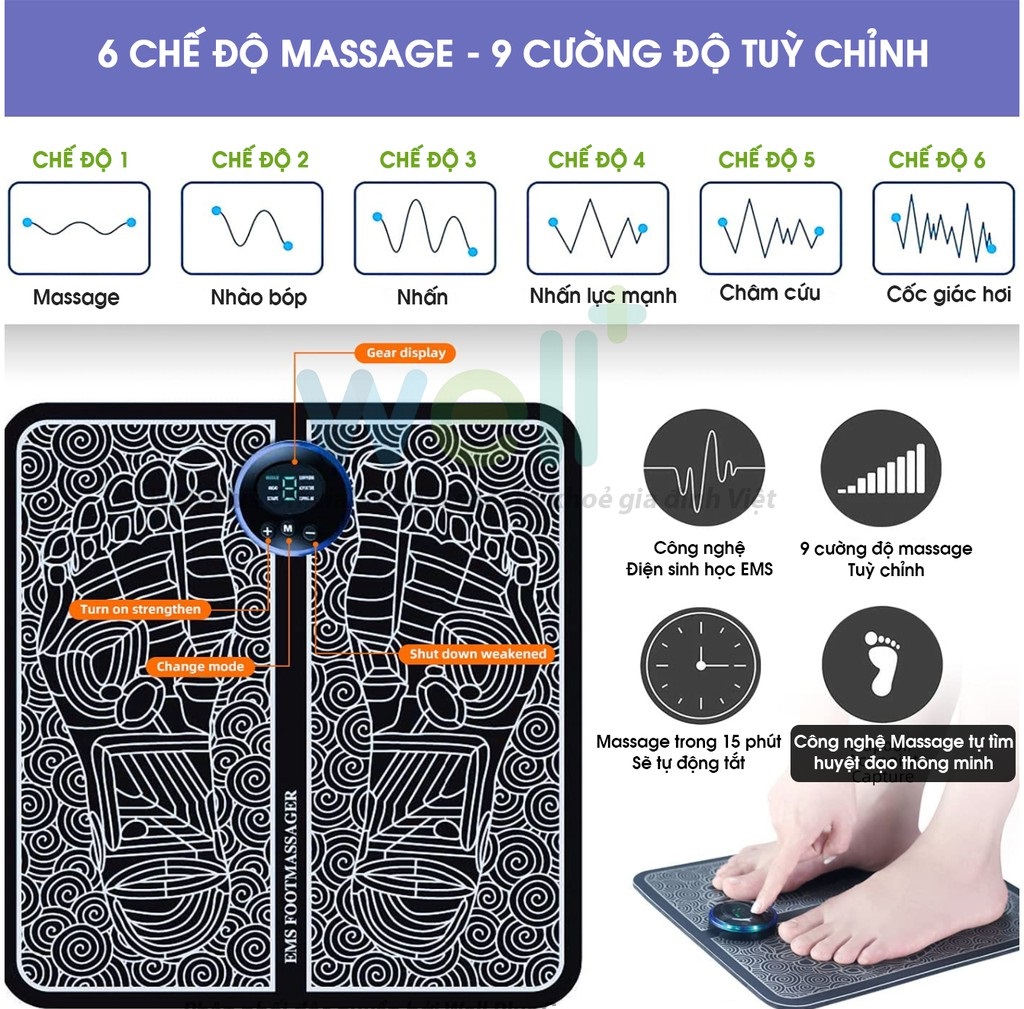 Thảm massage chân EMS giúp lưu thông khí huyết, giảm đau mỏi chân, pin sạc, màn hình kỹ thuật số...