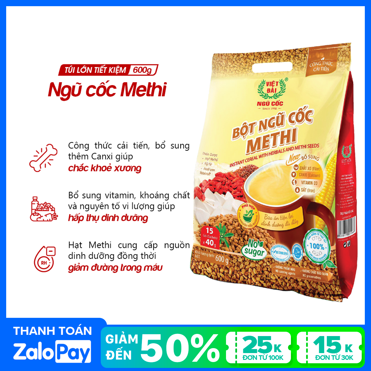 Bột ngũ cốc Methi Việt Đài 600gr