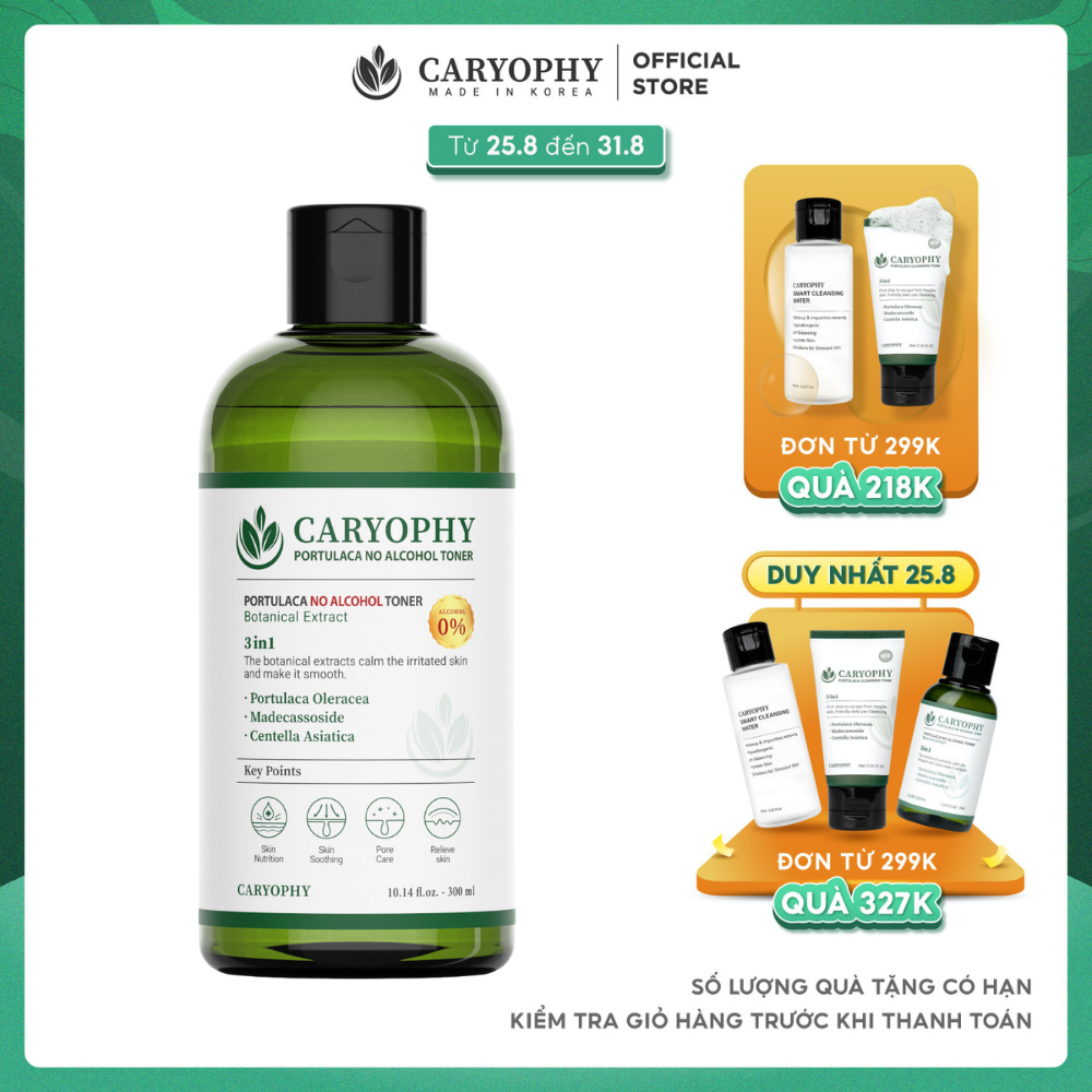 Toner Caryophy Portulaca Nước Hoa Hồng Không Cồn Giúp Cân Bằng Ẩm Ngừa Mụn 300ML