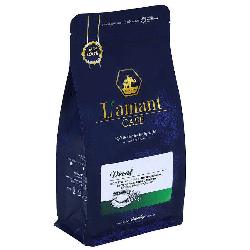 Cà phê nguyên chất L'amant Decaf rang nguyên hạt không gây mất ngủ dùng pha máy 250gr