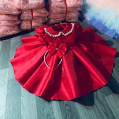 Đầm váy công chúa bé gái cổ đính hạt kèm nơ cài đầu cho bé từ 8kg đến 22kg( màu đỏ)