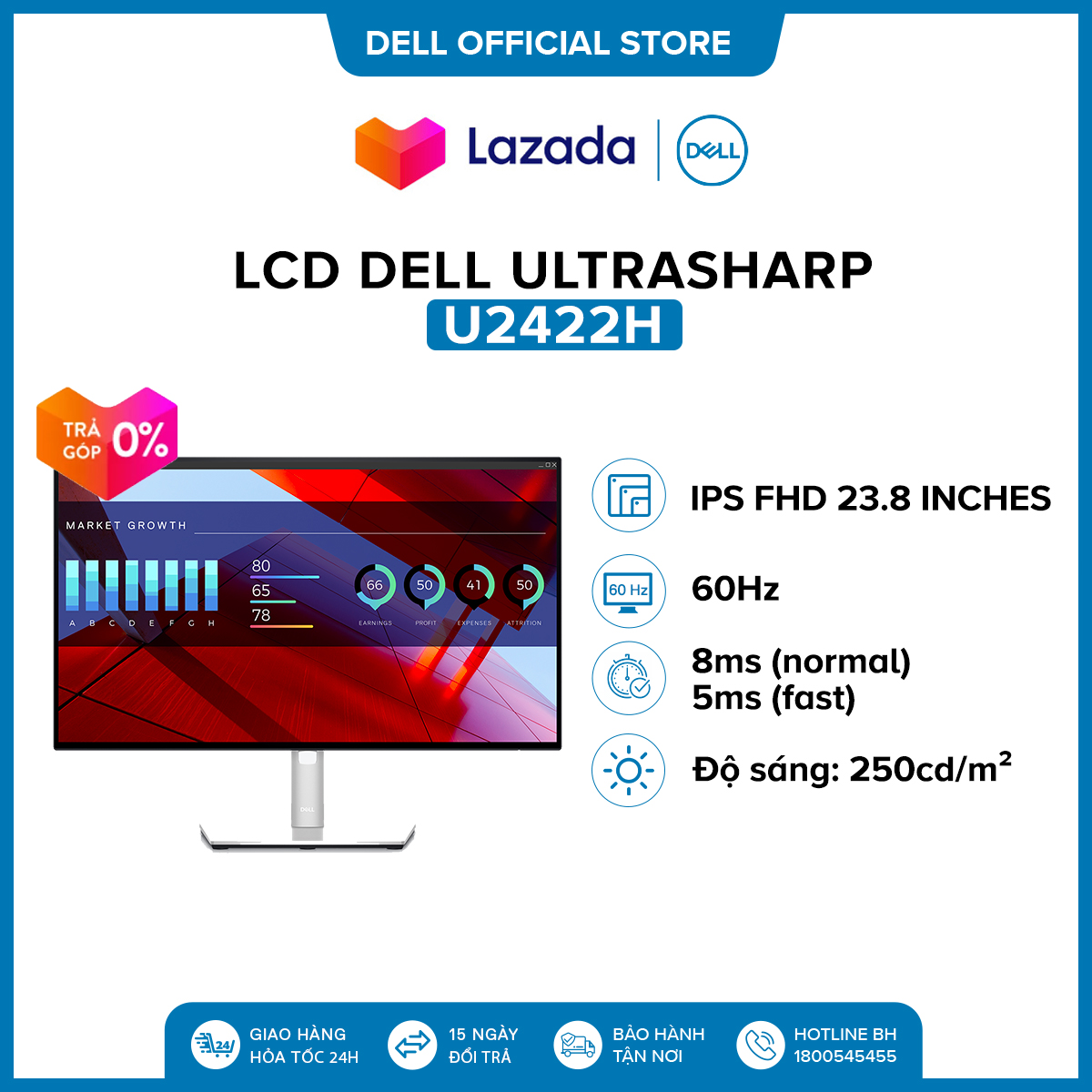 Màn hình máy tính Dell Ultrasharp FHD (1920x1080) 60Hz 8ms 23.8 inches l U2422H l HÀNG CHÍNH HÃNG