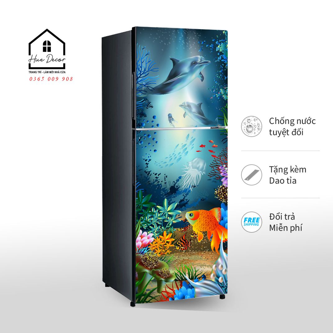 Decal dán tủ lạnh - máy giặt 3D cá Heo đại dương thương hiệu HUE DECOR chống nước
