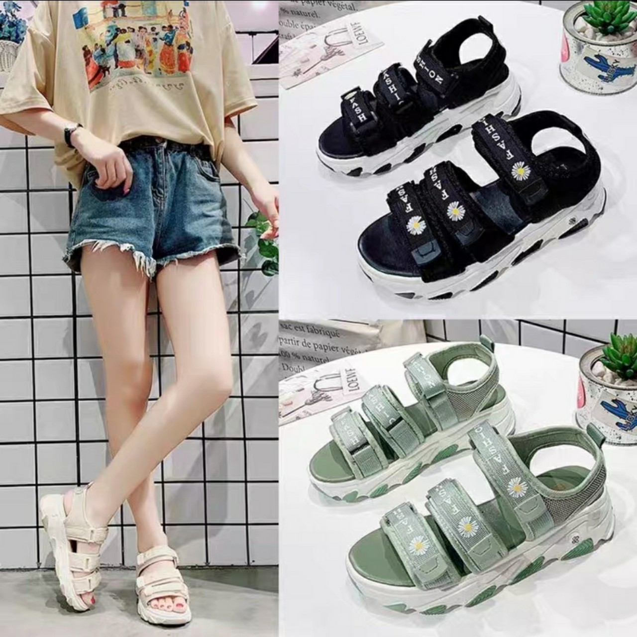 Dép sandal nữ quai hậu quai dán điểm hoa cúc hàng đẹp giá tốt