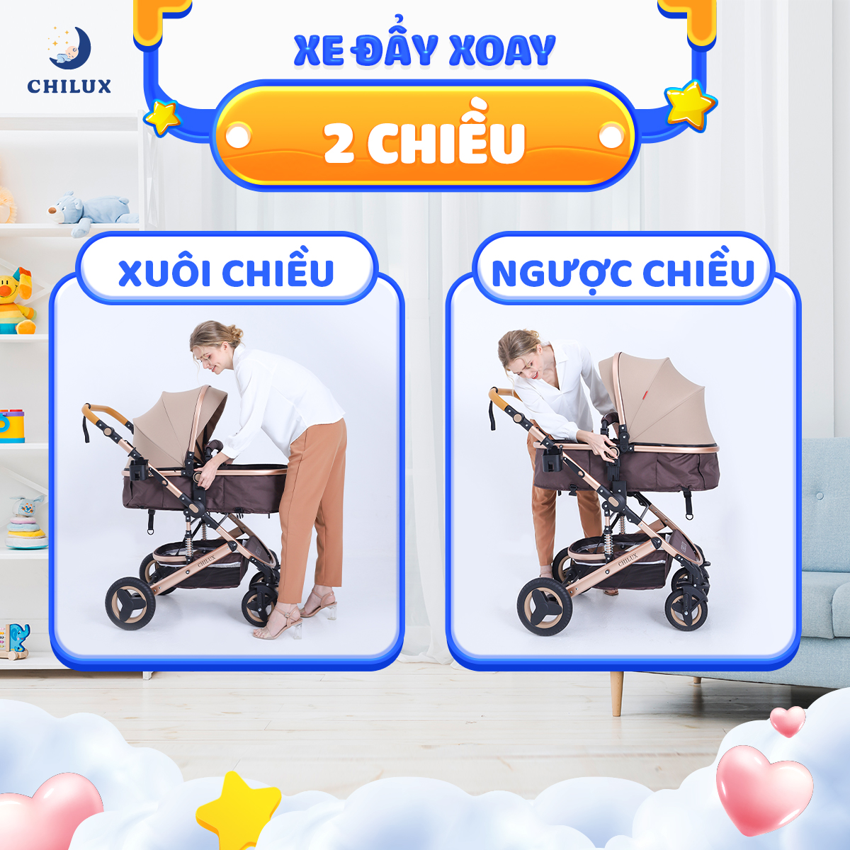 Xe đẩy gấp gọn cho bé đa năng Chilux V1.6 - 9 tính năng tiện dụng cho mẹ và bé