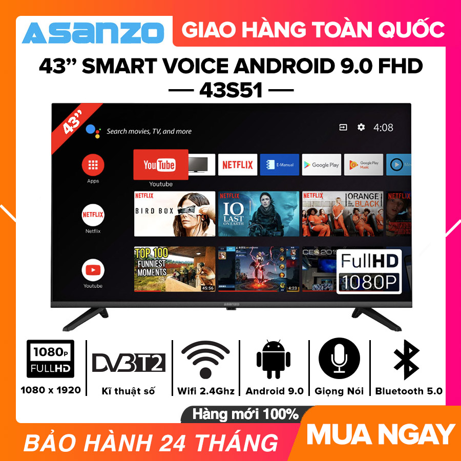 [Trả góp 0%][SẢN PHẨM MỚI] Smart Voice Tivi Asanzo 43 inch Full HD - Model 43S51 43S52 Android 9.0 Điều...