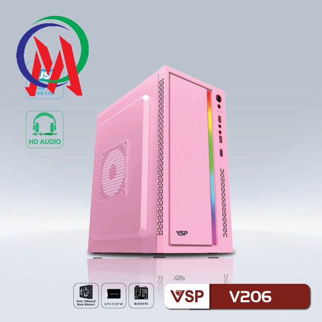Vỏ Case máy tính VSP V206 LED RGB – USB 3.0 (Lô mới về) – còn màu hồng