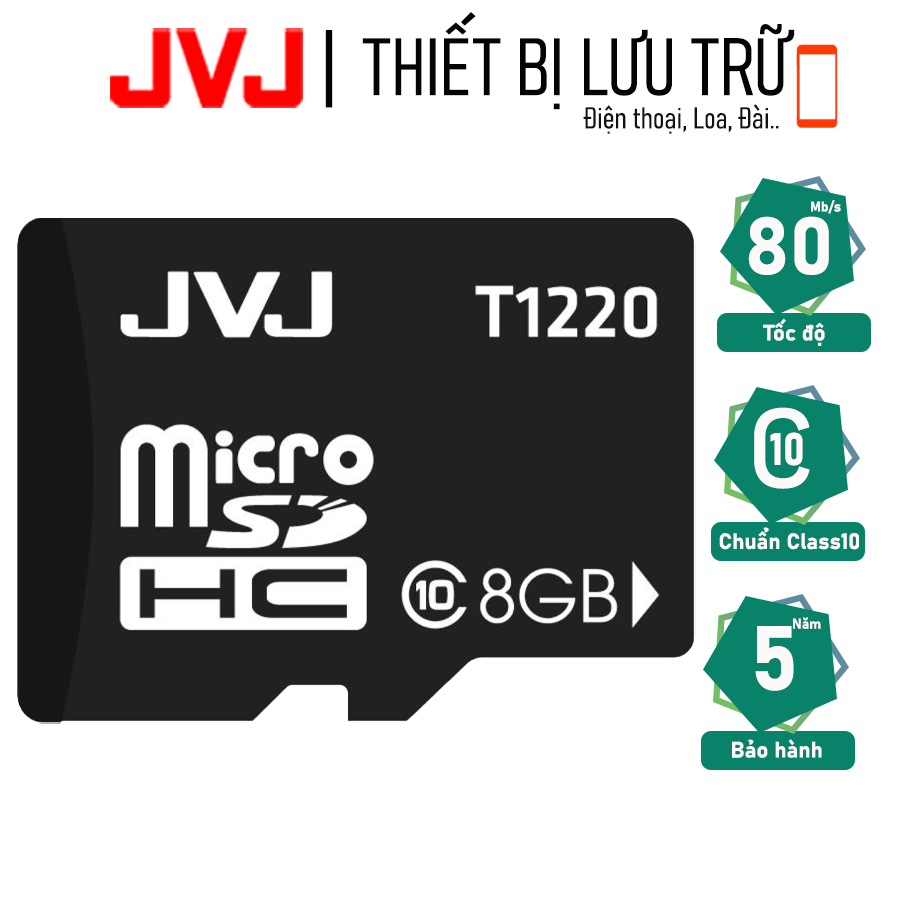 Thẻ nhớ 8G class 10 JVJ microSDHC tốc độ cao – thẻ nhớ chuyên dụng điện thoại, thẻ game, camera wifi, camera yoosee, camera hành trình, BH 5 năm, Samsung, Oppo, Xiaomi, điện thoại android