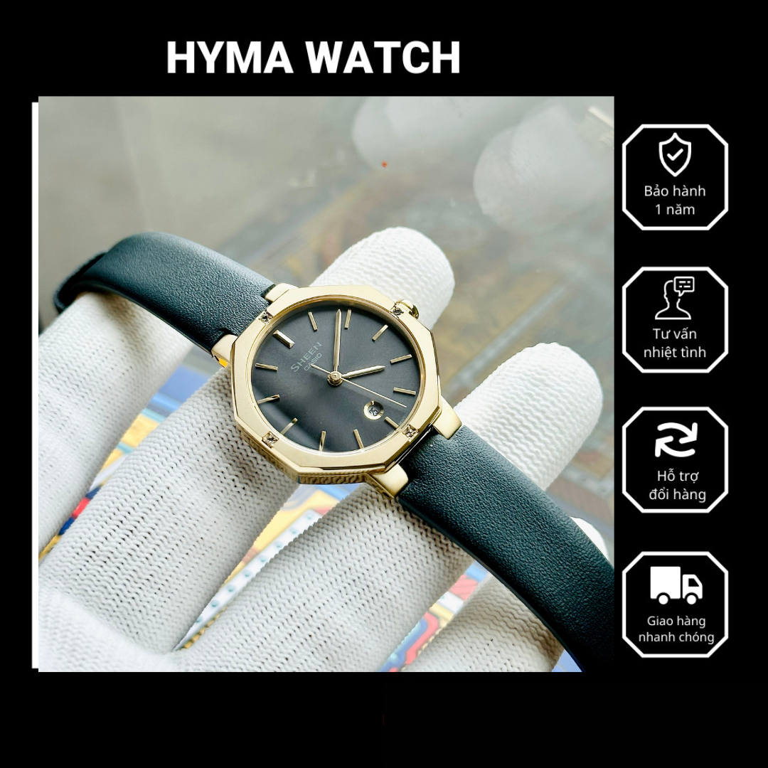 Đồng hồ nữ Casio Sheen She-4543GL-8A dây da cao cấp viền mạ vàng mặt kính Saphia chống nước 50M Bảo hành 2 năm Hyma Watc