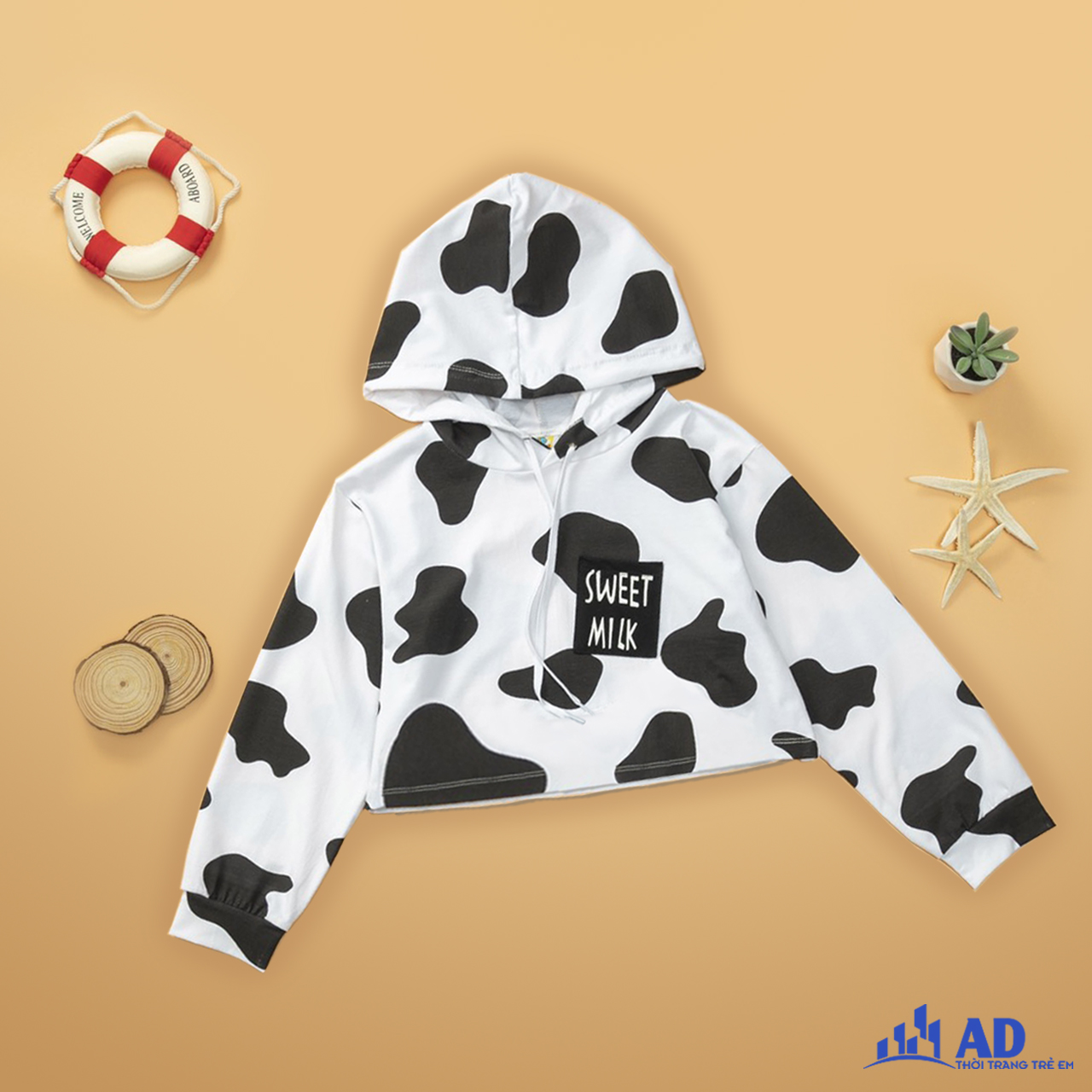 Áo Hoodie bò sữa thun 100% cotton cho bé gái