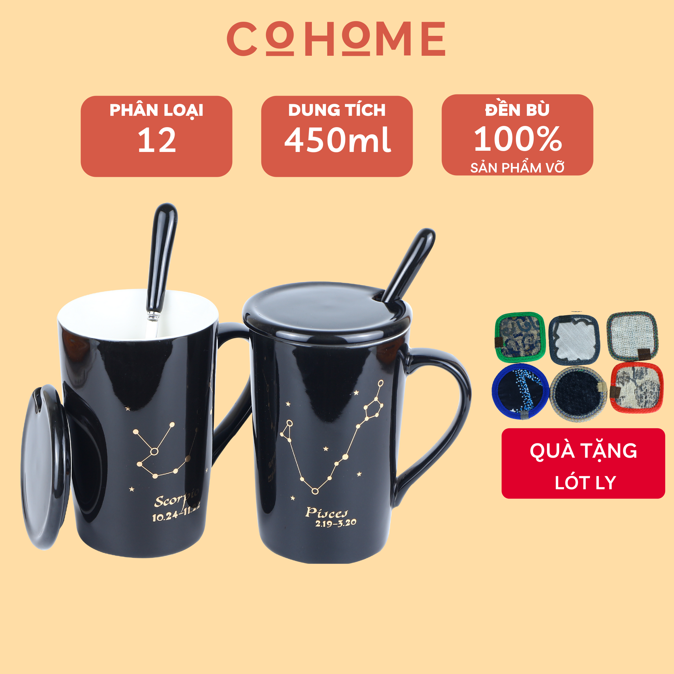 Ly cốc sứ 12 cung hoàng đạo đen dung tích 450ml, chất liệu gốm sứ cao cấp, có nắp đậy...