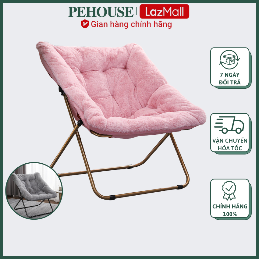 Ghế thư giãn đọc sách đệm êm ái bọc vỏ bông hai màu hồng và xám ghi, khung ghế kim loại chắc chắn có thể gấp gọn chính hãng PEHOUSE – PH2293