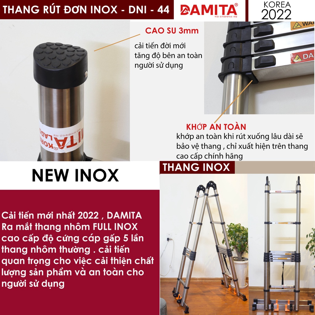 Thang Nhôm Rút Đôi chữ A INOX 316 A 5met6 2.8+2.8 cao cấp có bánh xe đai khóa chốt lưng...
