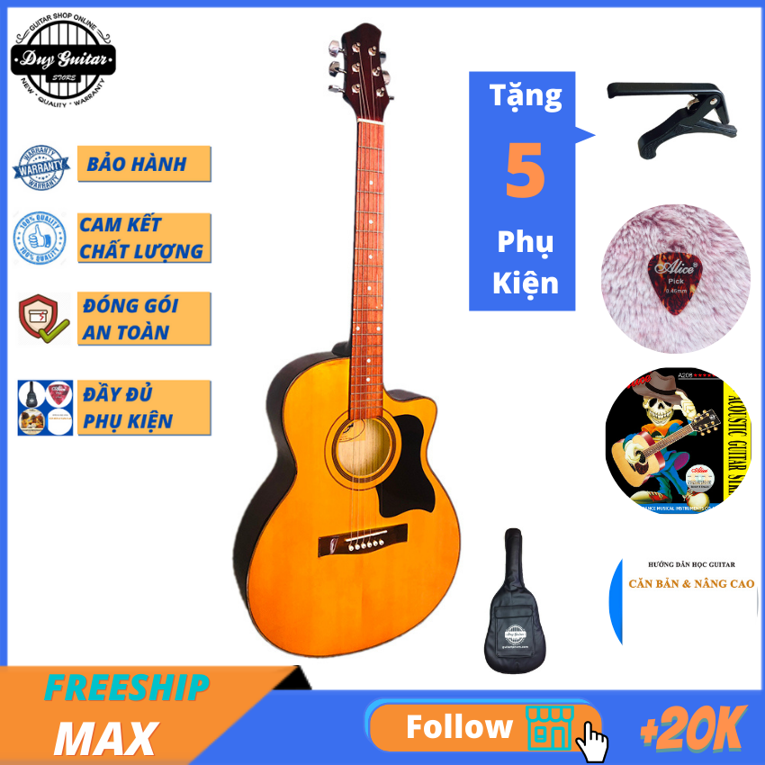 Đàn guitar acoustic giá rẻ tốt DVE70 ( màu vàng ) + tặng combo giáo trình Bao da, capo, phụ kiện Duy Guitar Store – Đàn ghitar dành cho người mới tập